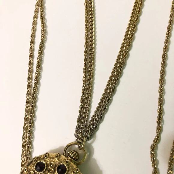 Vintage Goldette NY Pocket Necklace Long Chain Layered Victorian Style - Picture 7 of 12